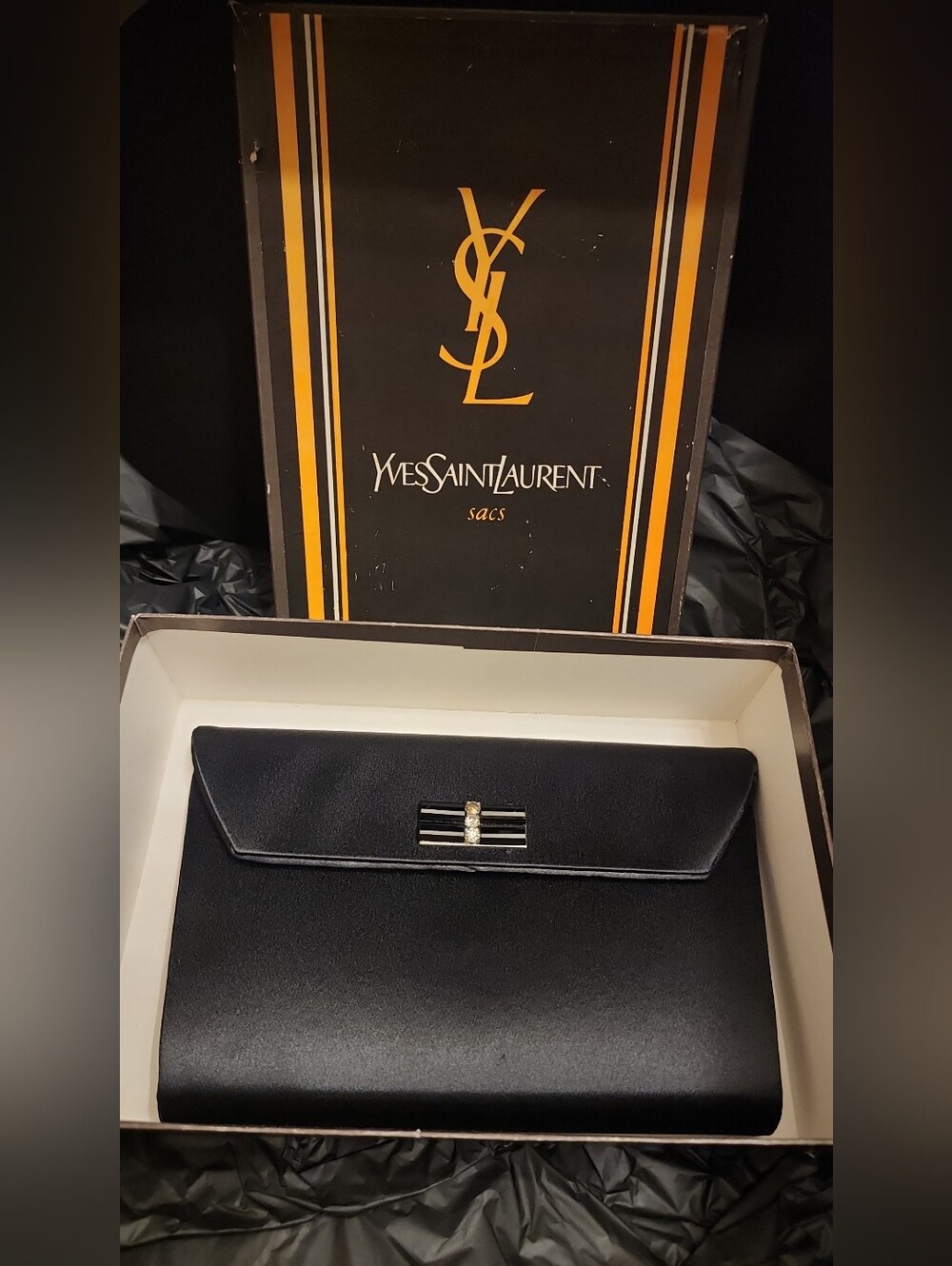 Yves Saint Laurent Black Vintage Satin Clutch with Jeweled Bar